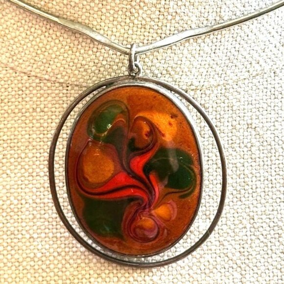 Reverse Painted Pendant, Sterling Silver, Vintage Israel 925 - Picture 4 of 9